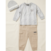 J15606: Boys Bench Stripe Sports Jersey, Knitted Beanie Hat & Cargo Pant Outfit (2-6 Years)